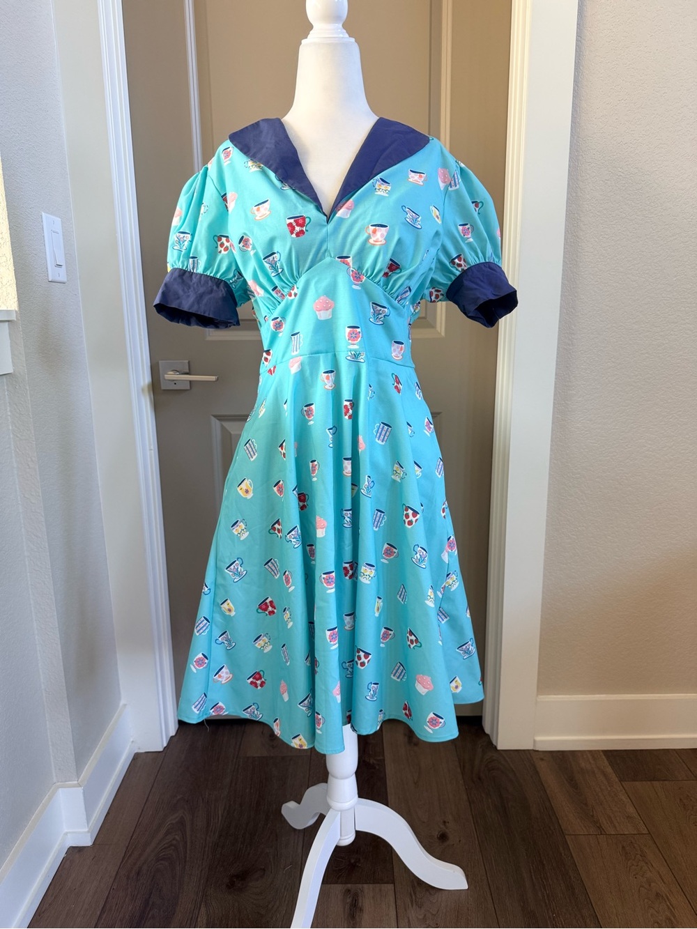 Unique Vintage Aqua Blue Sailor-Collar Tea Dress with Navy Trim